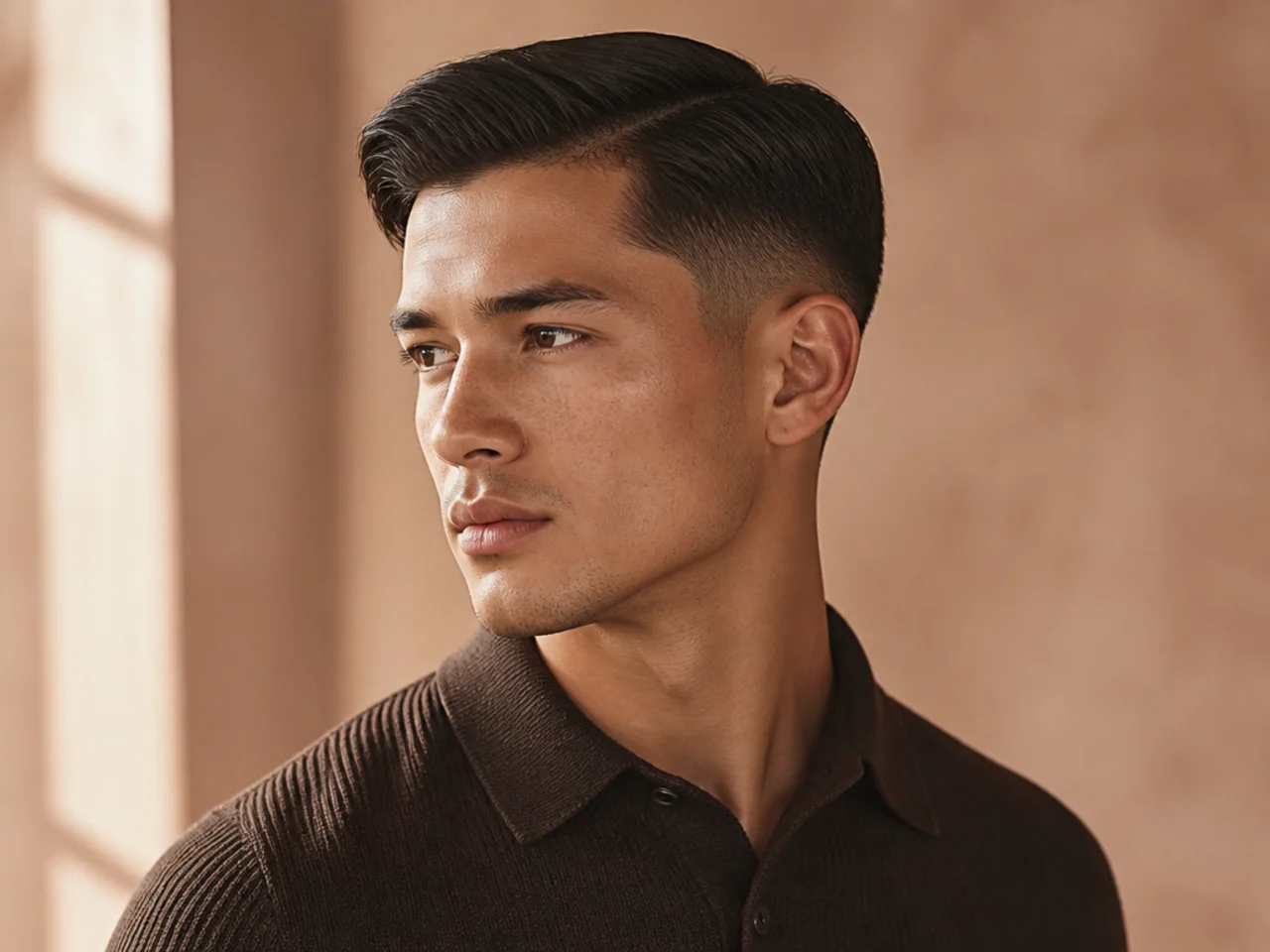 An ivy league haircut with a high taper