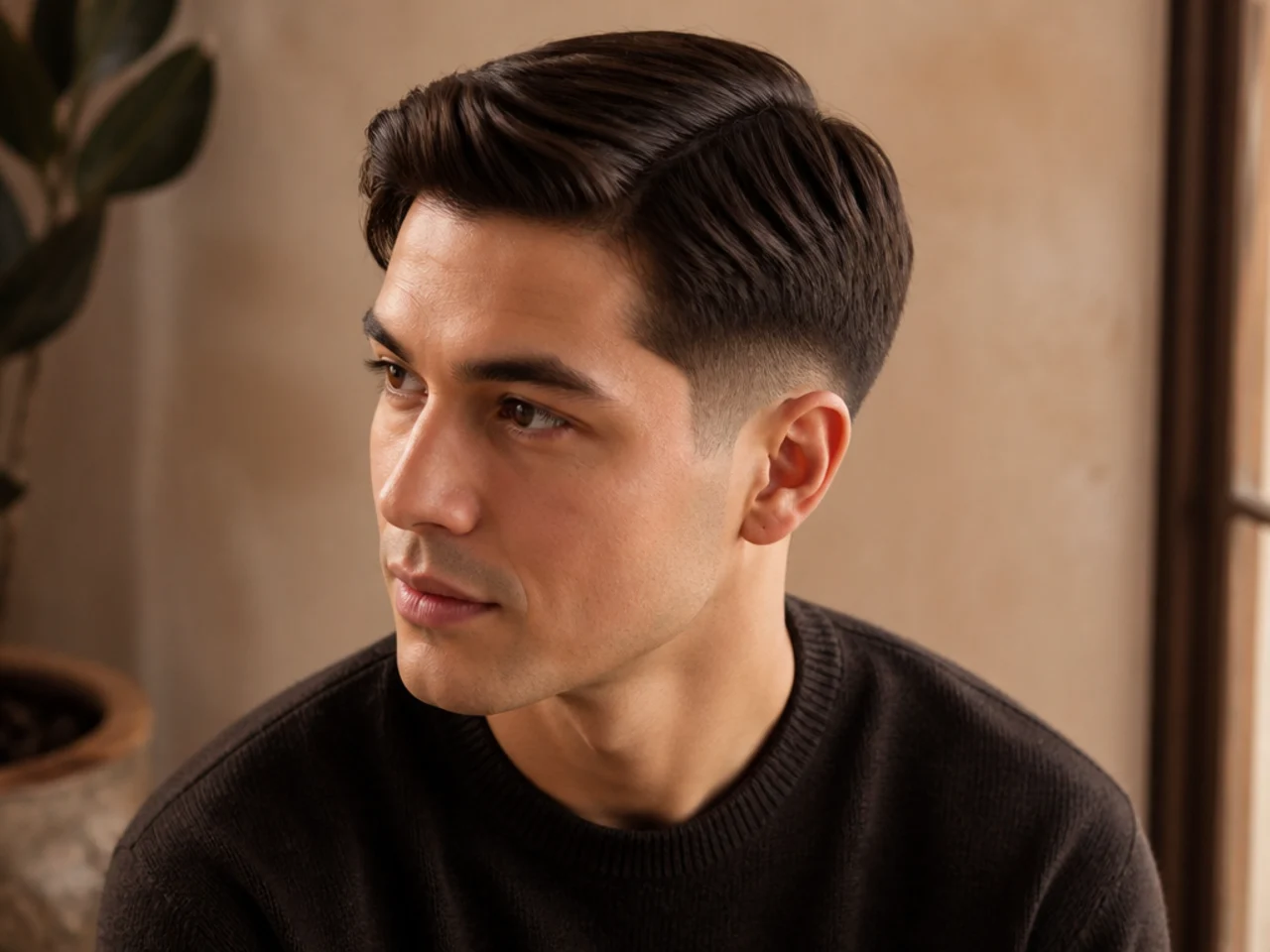 Three-quarter view of a tapered ivy league haircut