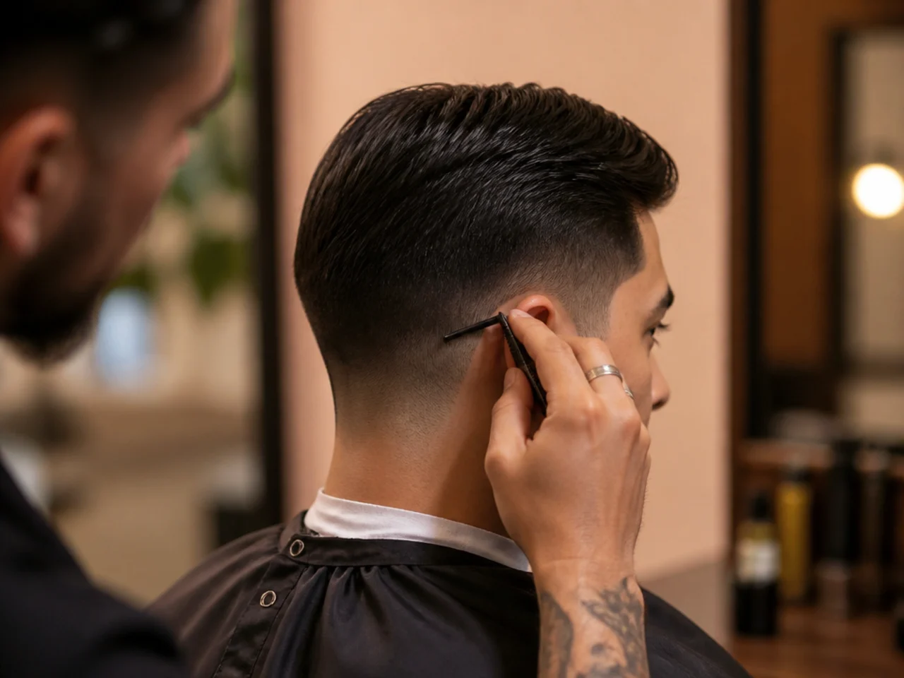 A barber checking taper height against the ear