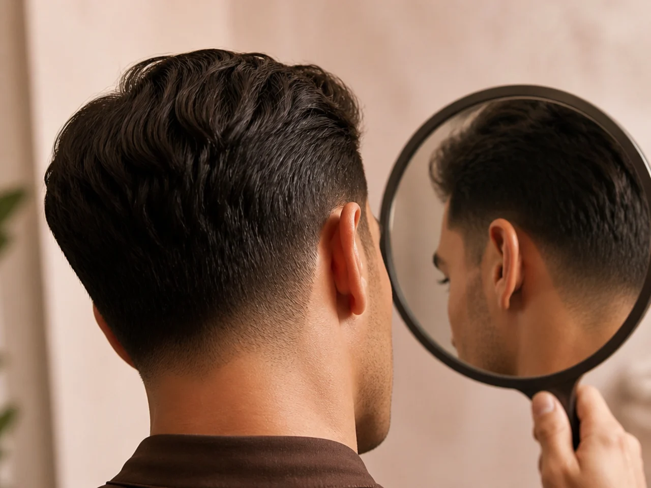 A neckline being checked in a hand mirror