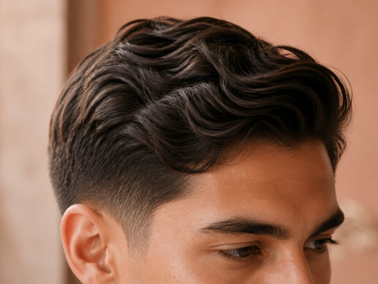 A thick wavy ivy league haircut