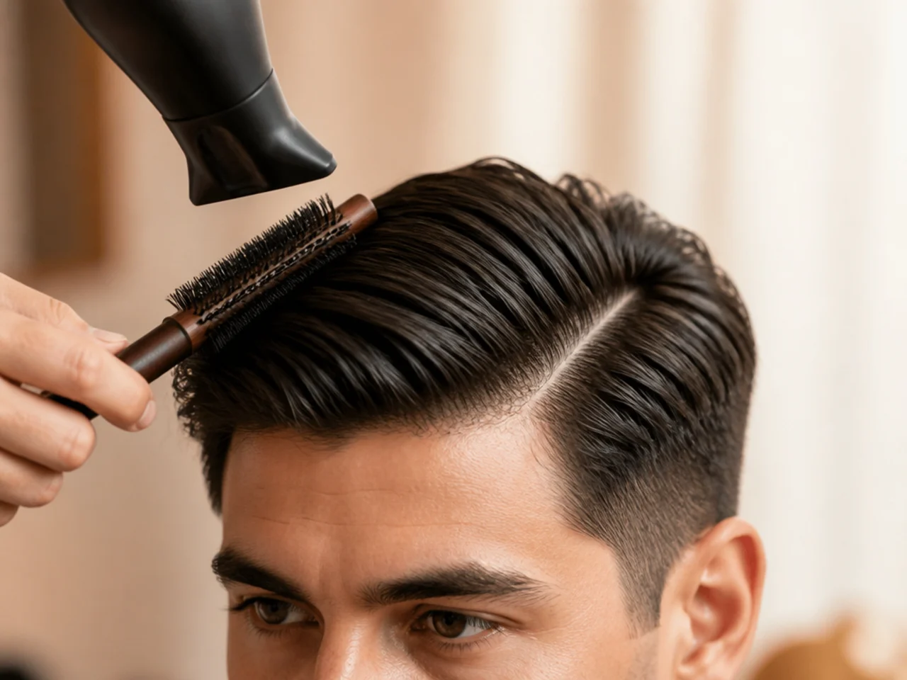 A thick ivy league being blow-dried along the part