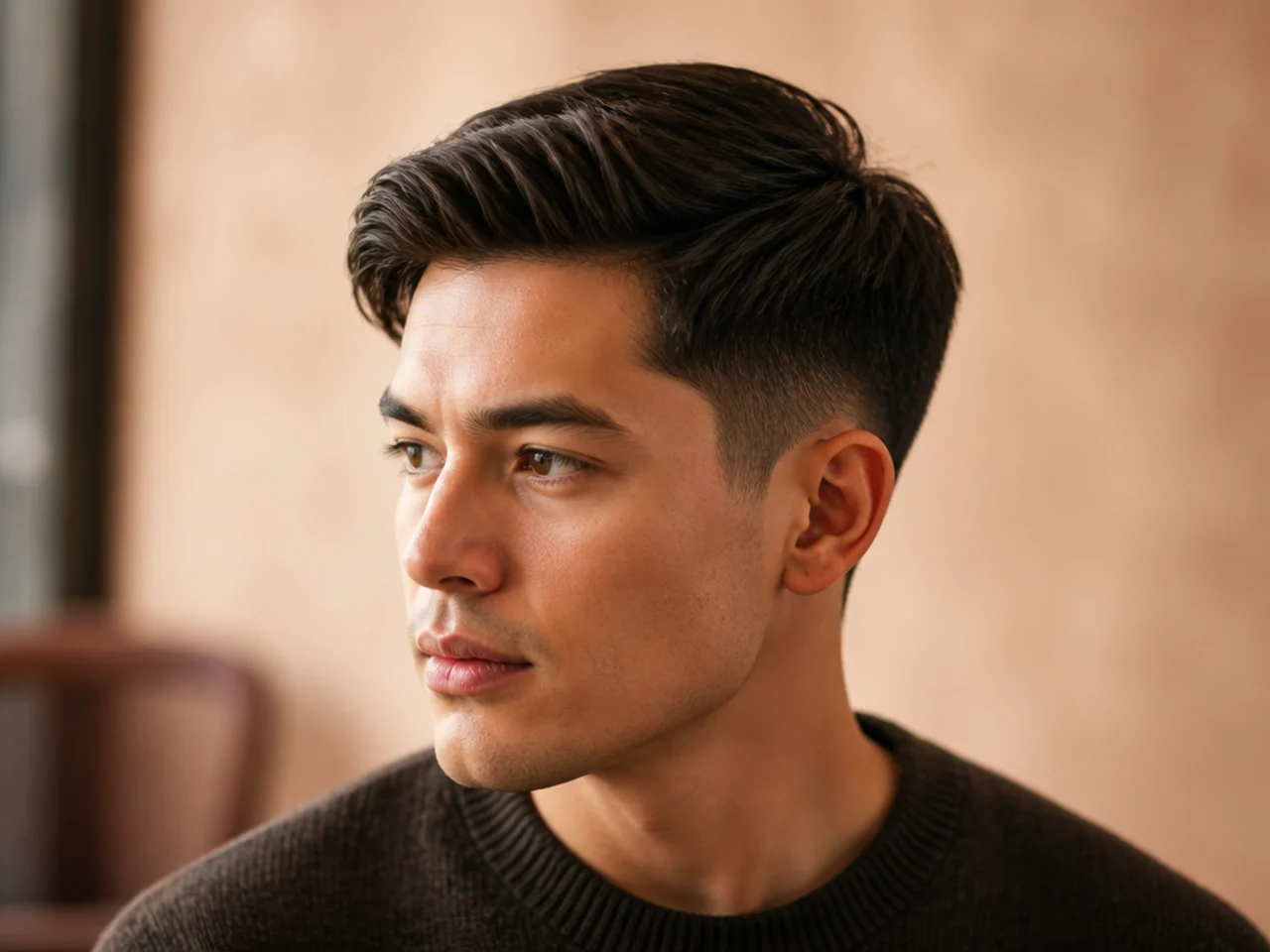 Three-quarter view of an ivy league haircut on thick hair