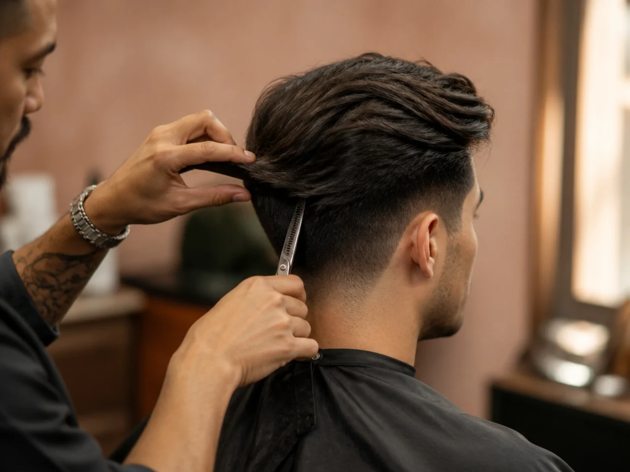 A barber removing weight from underneath a section of thick hair