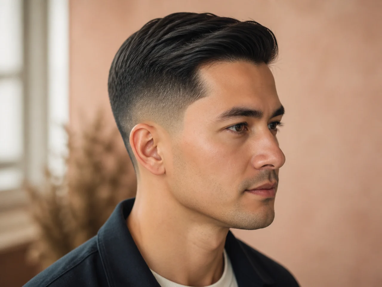 Three-quarter view of a finished ivy league haircut