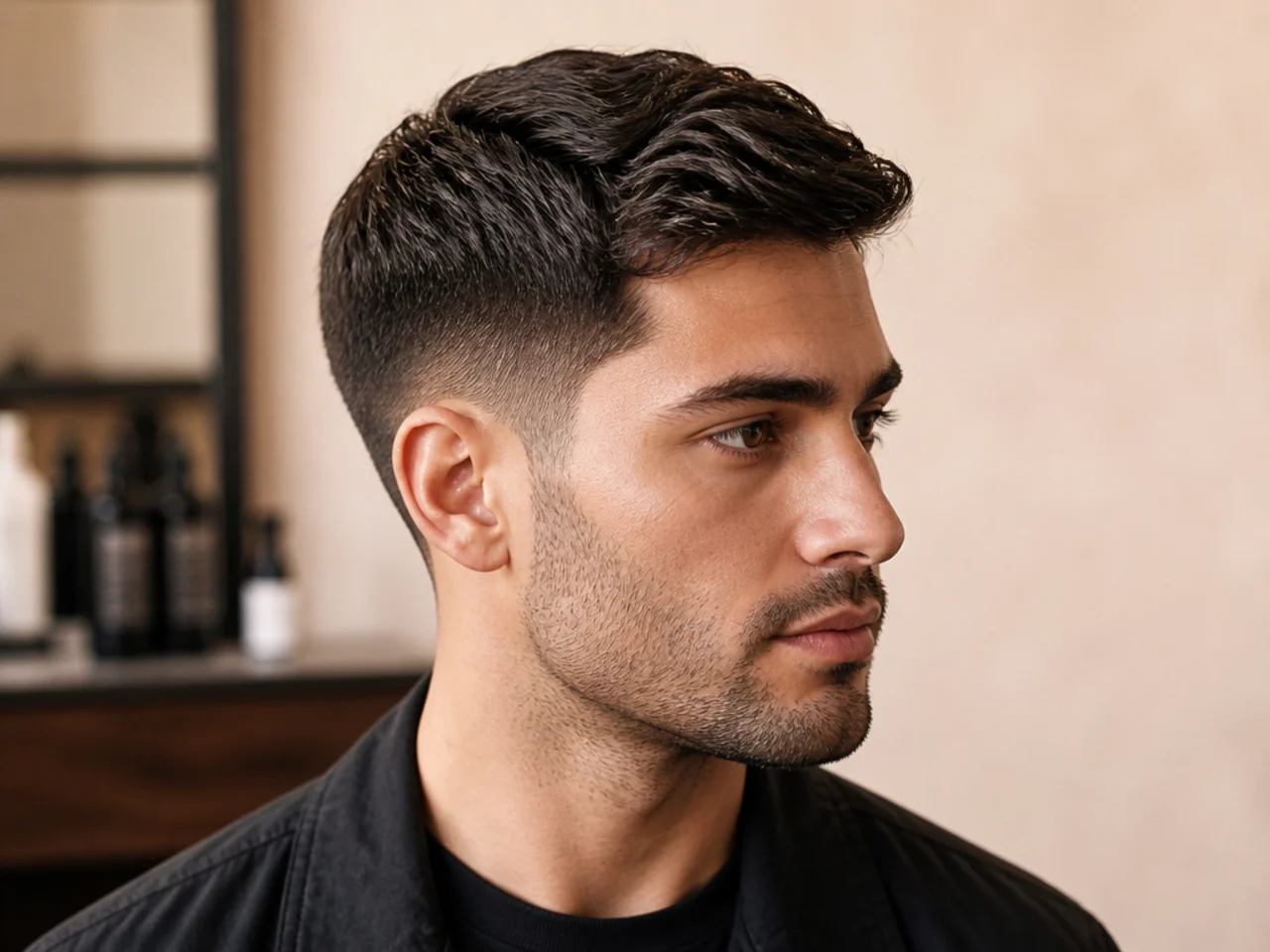 Textured Ivy League Taper Fade with Stubble Beard