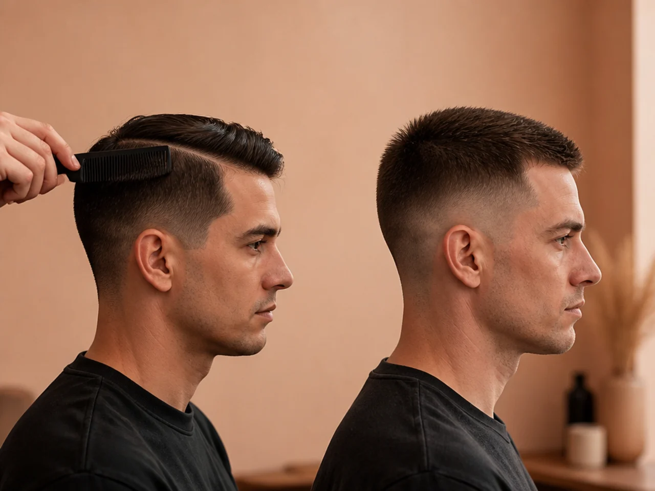 A part being combed next to a crew cut needing no styling