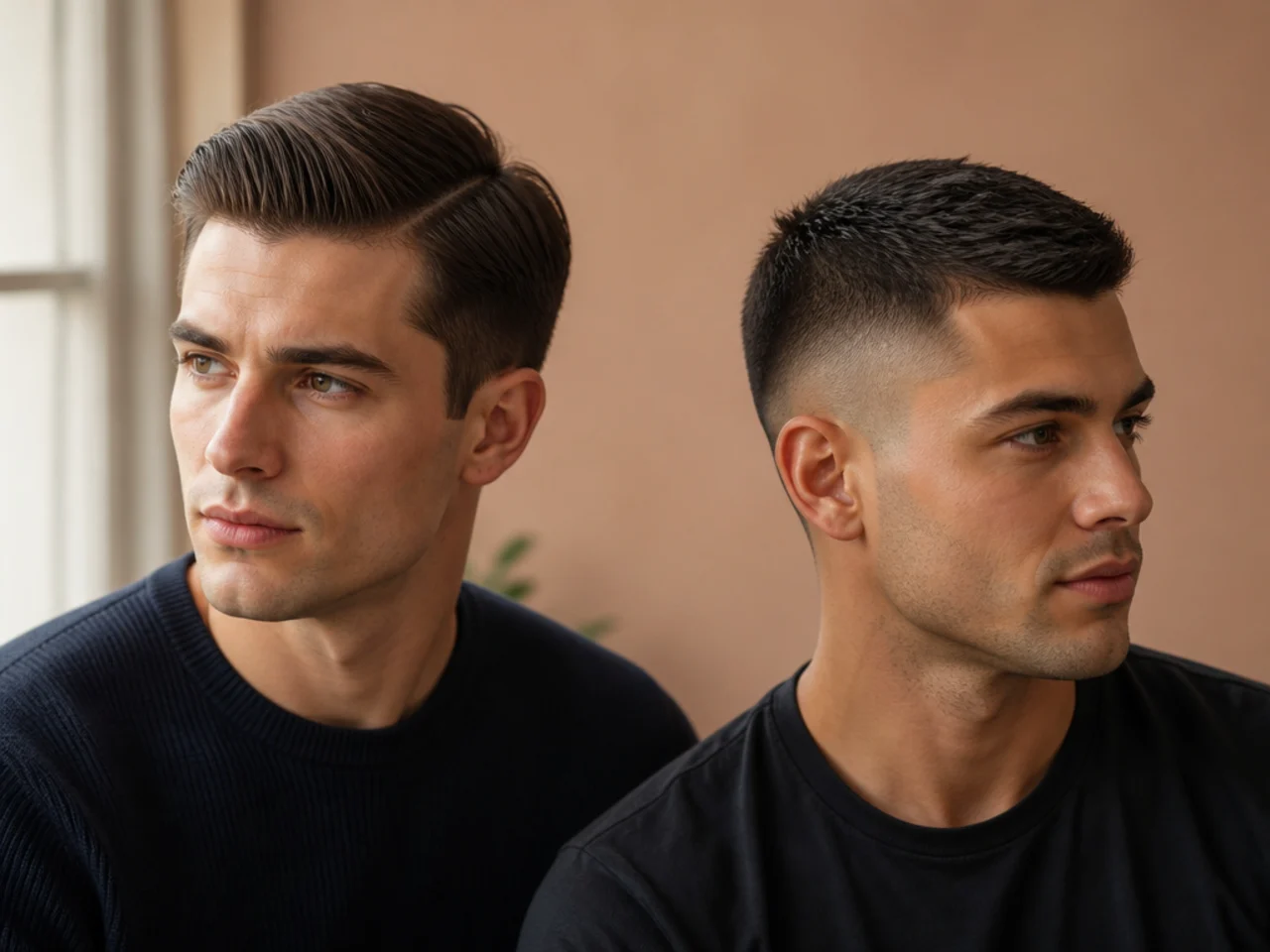 Three-quarter views of an ivy league and a crew cut