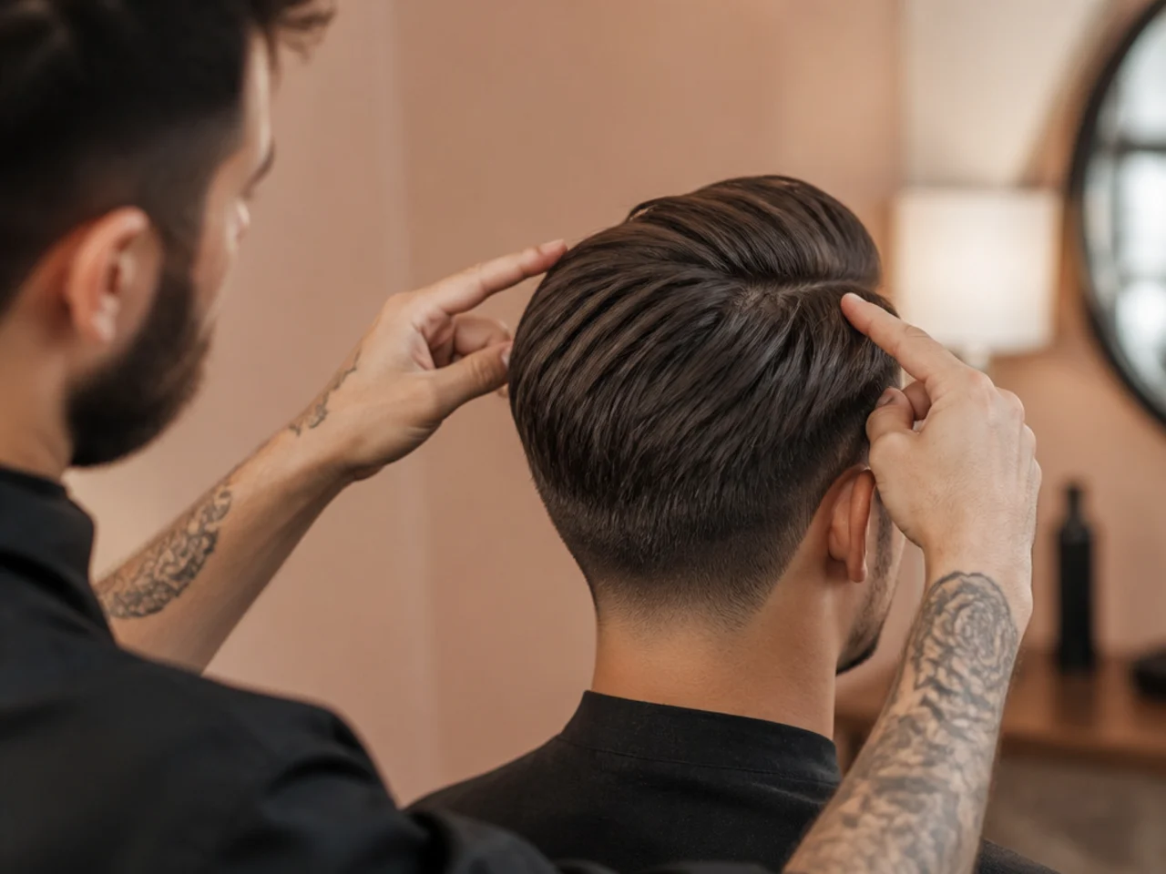 A barber comparing two top lengths on the same head