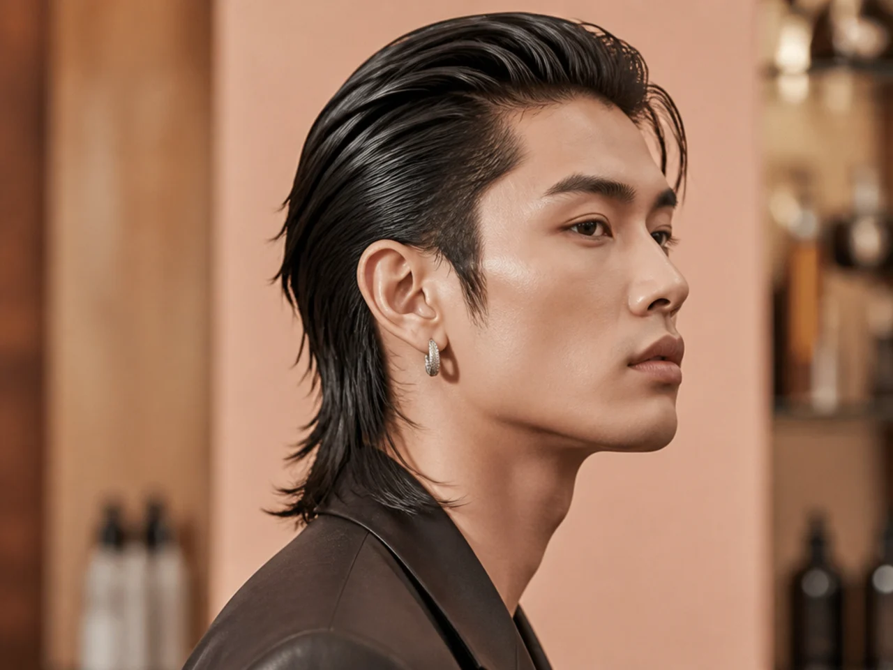 Slick-back villain Jay Jo mullet on a young Korean man with glossy pomade-slicked top and a long layered mullet back