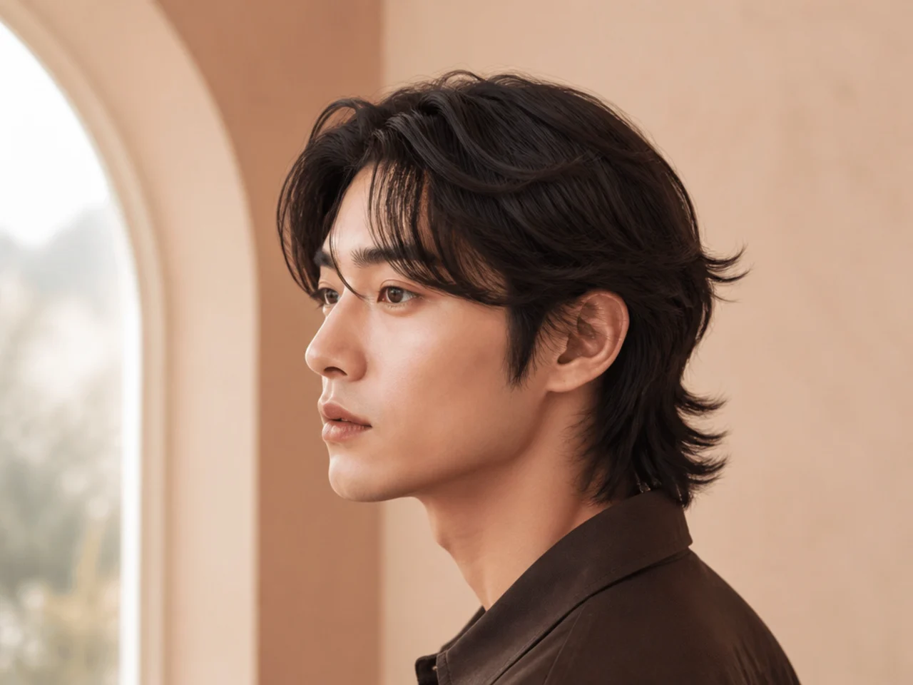 Comma-hook Jay Jo soft mullet on a young Korean man with a curled comma fringe and a soft shag back