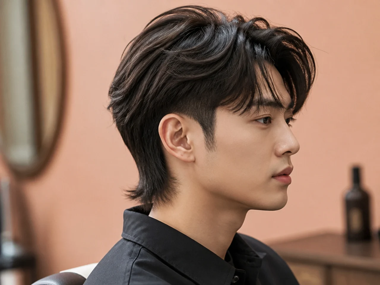 Two-block Jay Jo soft mullet on a young Korean man with hidden clipper-buzzed sides and a soft-permed long top