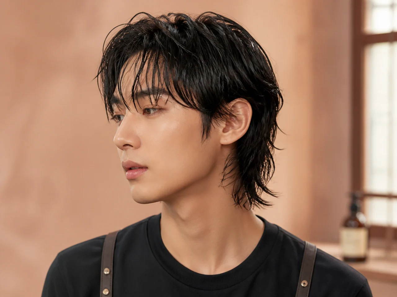 Wet-look Jay Jo soft mullet on a young Korean man with high-shine glossy finish through the top and back