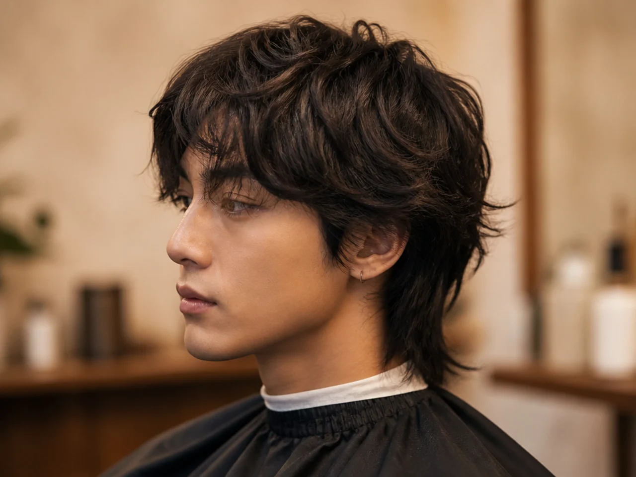 Grown-out Jay Jo mullet on a young Korean man showing longer layered top and a shag back sitting between shoulder blade and collar