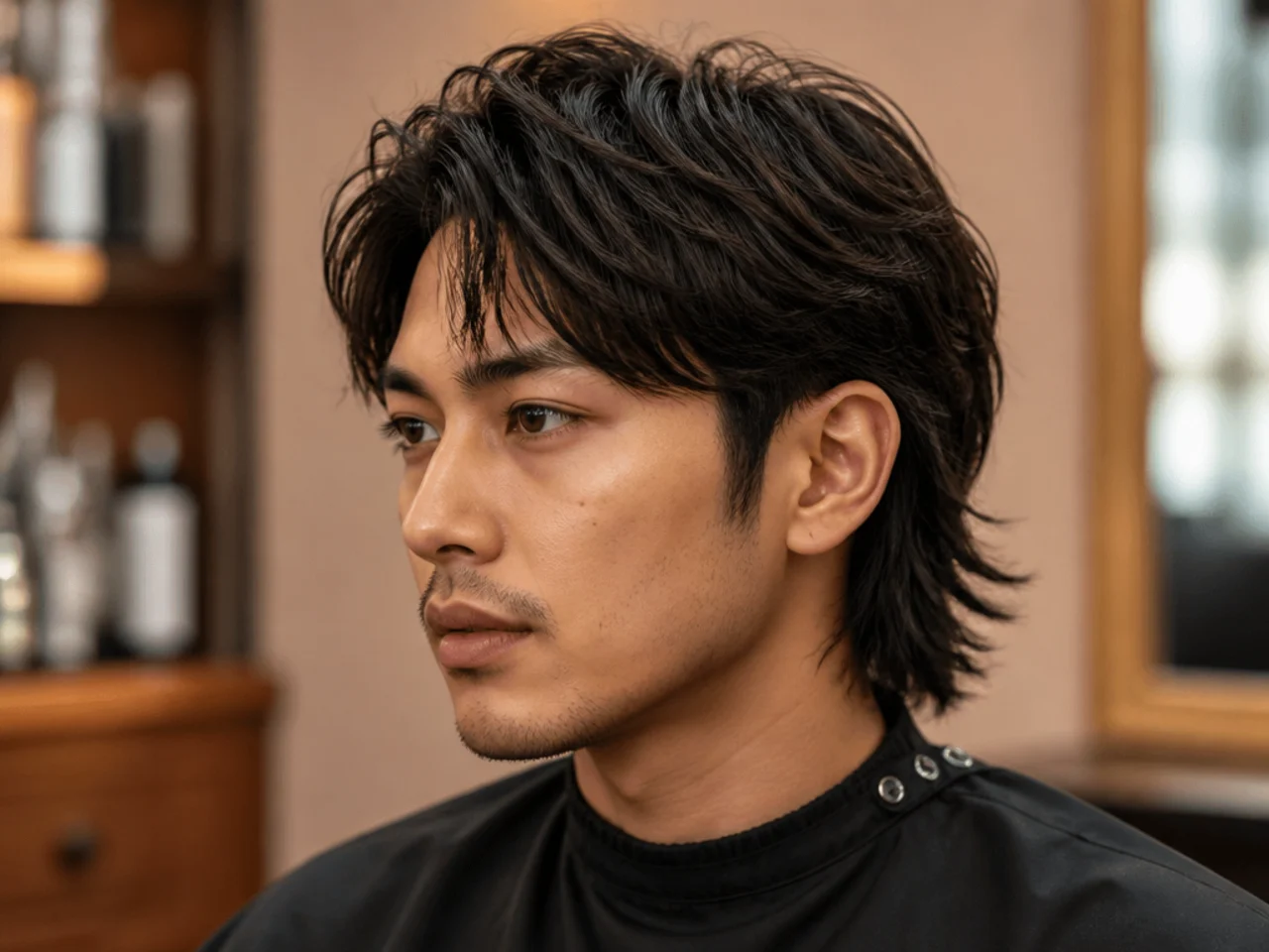 Rougher Jay Jo rookie detective mullet on a young Korean man with choppy point-cut top and a short shag back
