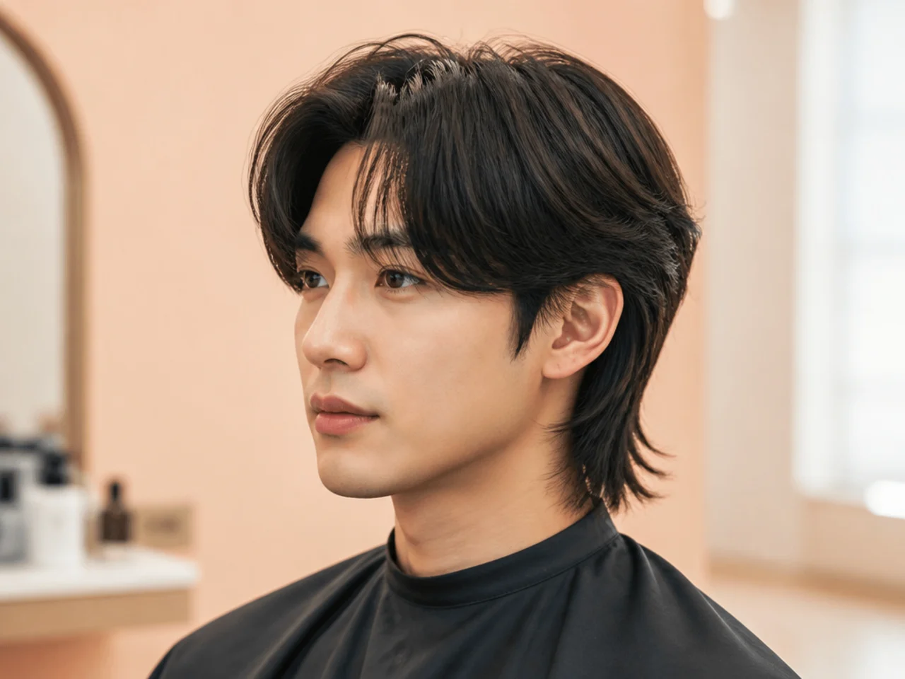 Polished chaebol heir curtain mullet on a young Korean man with glossy center-parted curtain fringe and soft shag back