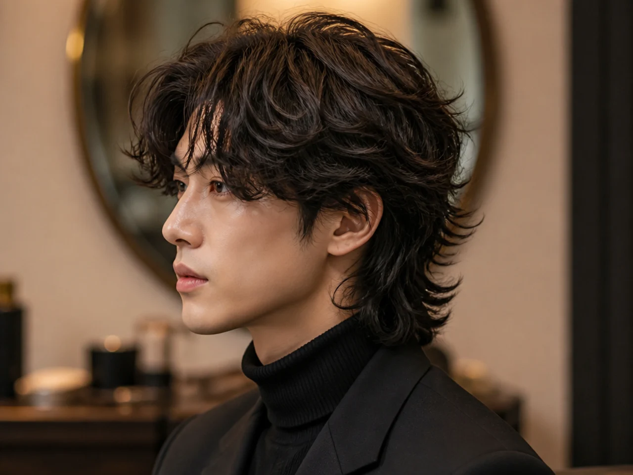 Enemies-to-lovers wolf perm Jay Jo mullet on a young Korean man with heavy layered wolf perm and a five-inch shag back