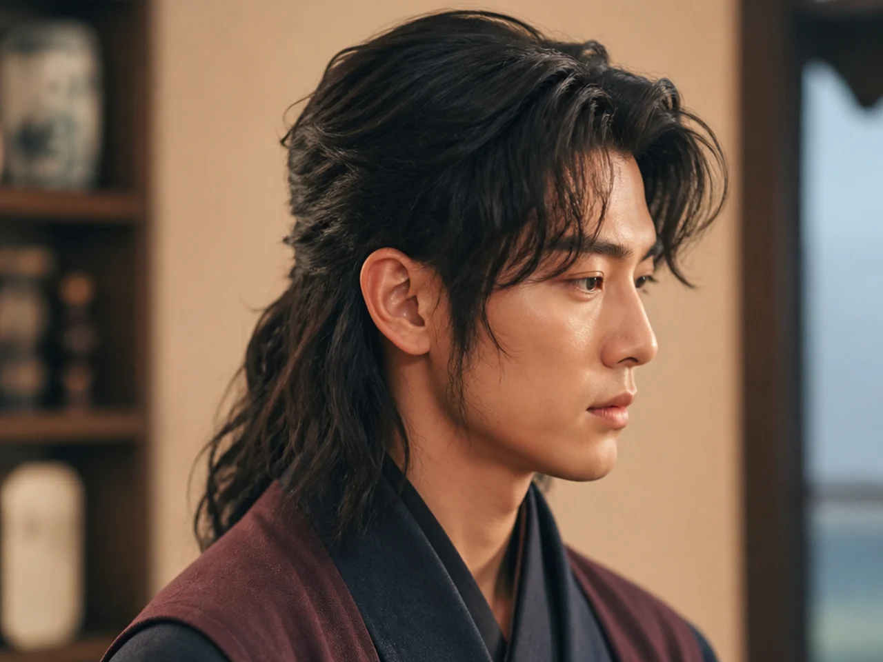 Sageuk historical Jay Jo mullet on a young Korean man with a longer shag back running past the shoulder blade