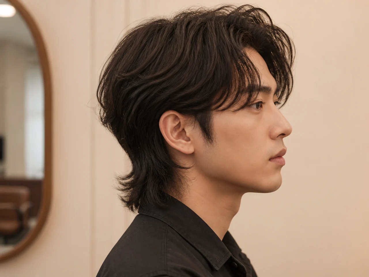 Modern city rom-com Jay Jo mullet on a young Korean man with clean forward fringe and a polished collar-length shag back
