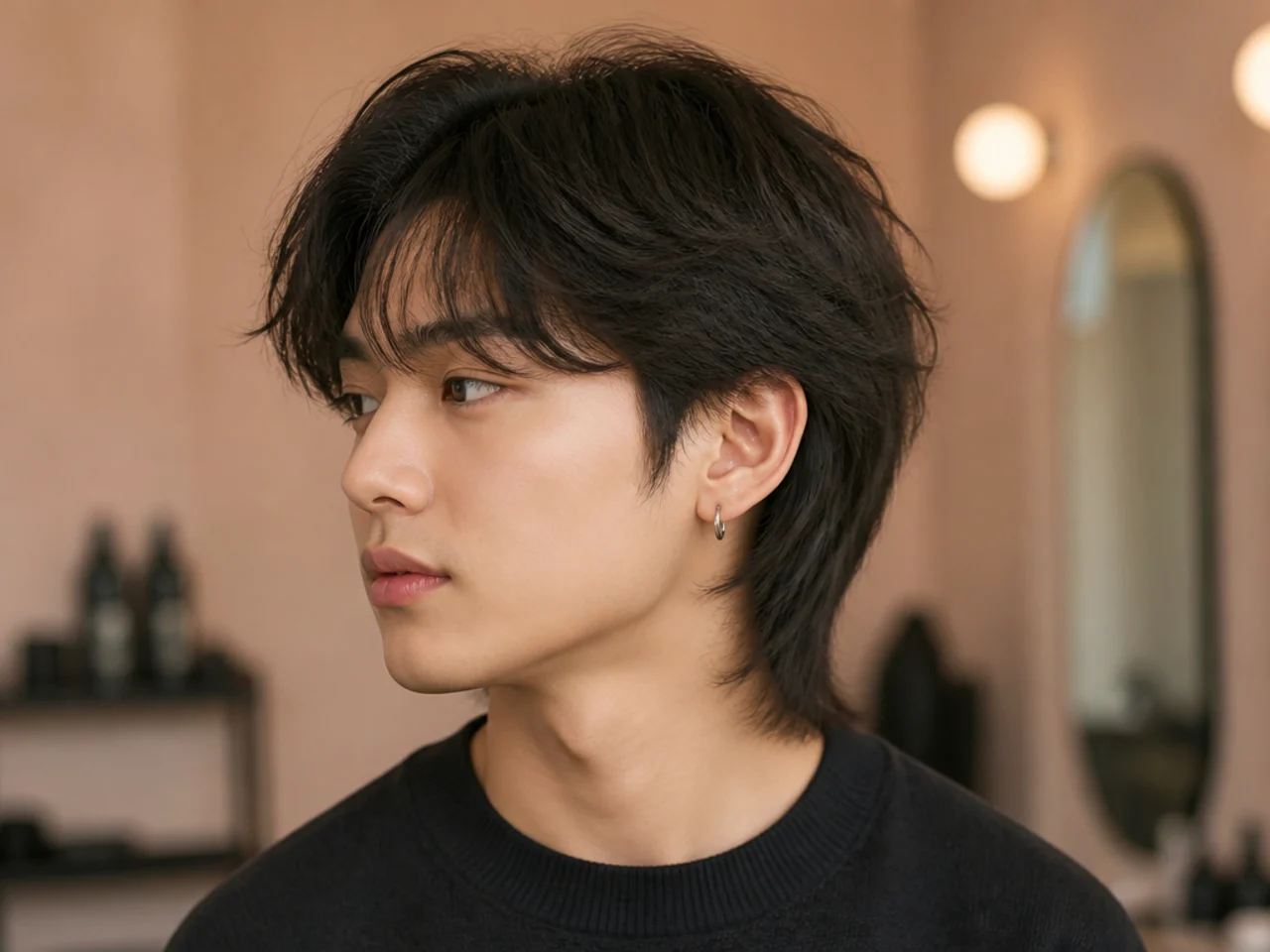 Slice-of-life fluff Jay Jo mullet on a young Korean man with soft undone forward fringe and a naturally moving shag back