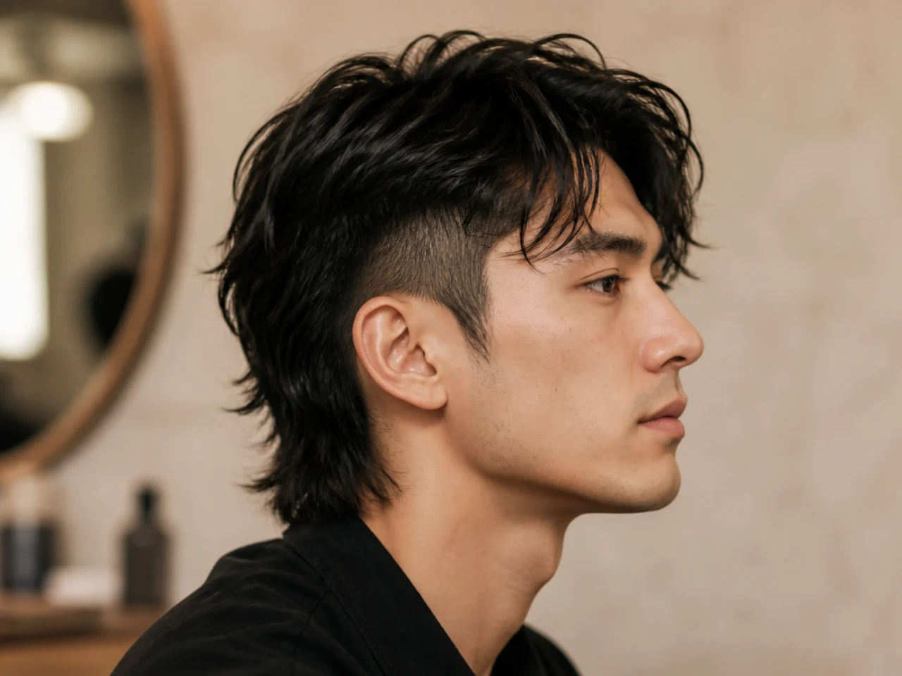 Bad-boy Jay Jo soft mullet with disconnected undercut on a young Korean man showing a sharp seam and heavy layered top