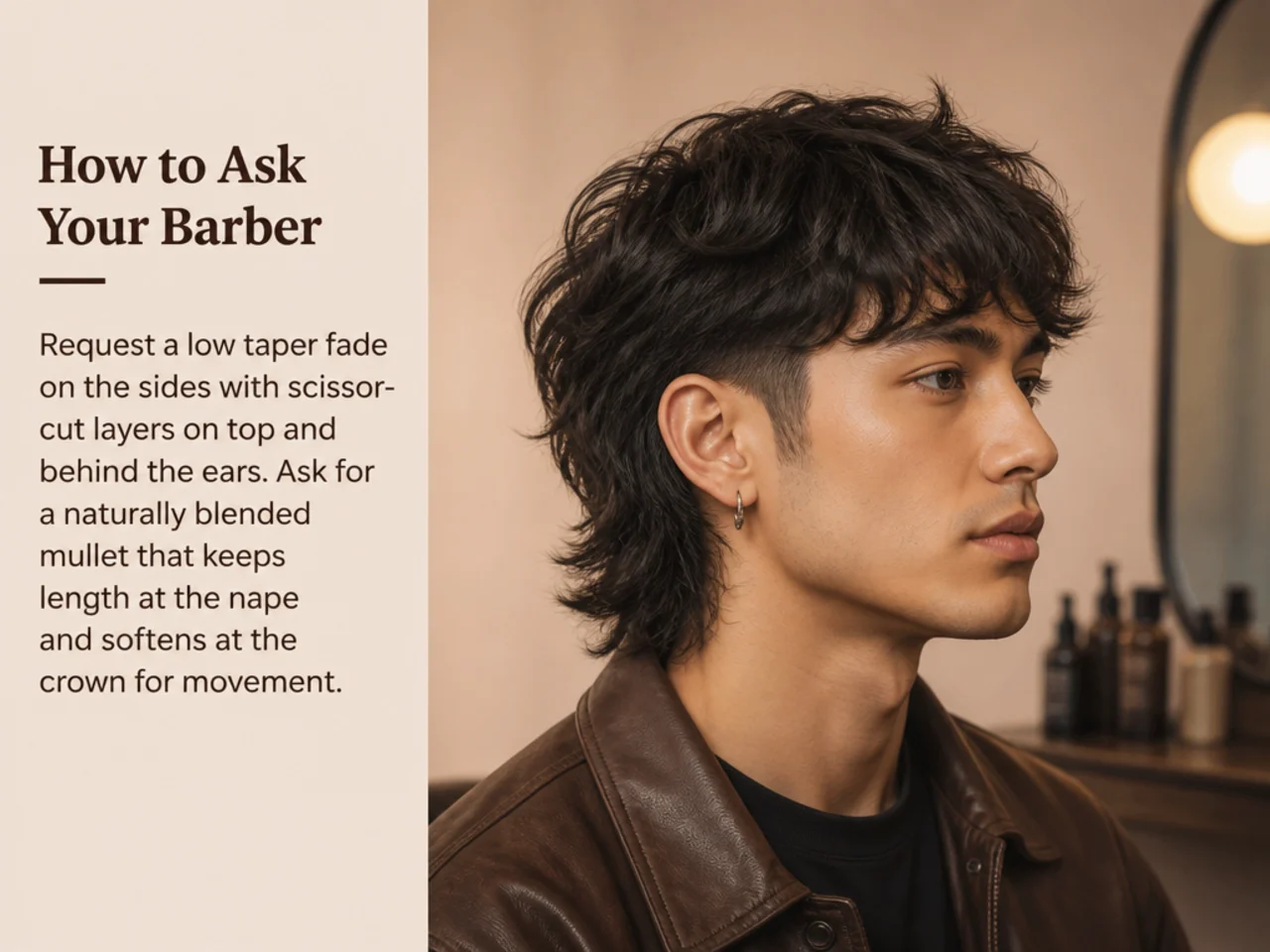 Young Korean man in a barber chair showing a phone reference photo of a Jay Jo mullet to a barber during consultation