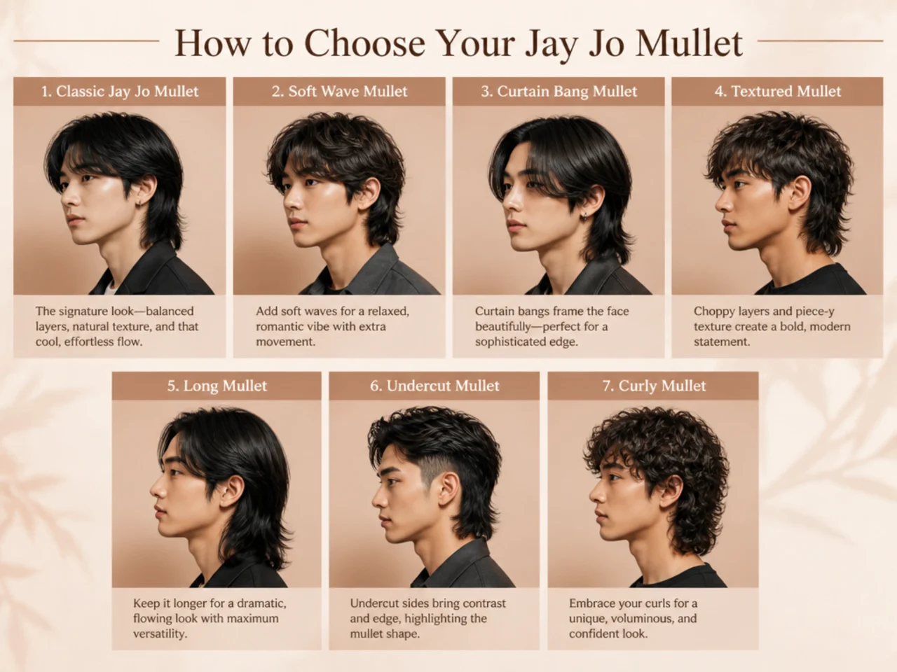 Three young Korean men in a barbershop lineup showing three Jay Jo mullet variations for different face shapes
