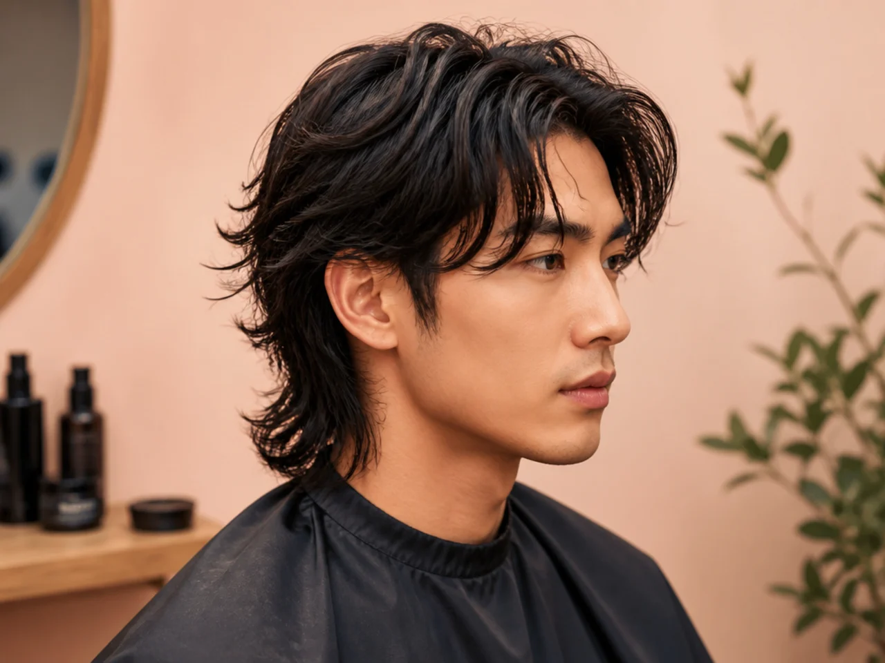 Jay Jo mullet styling essentials — round brush, curl cream, leave-in conditioner, matte clay, and diffuser on a warm cream surface