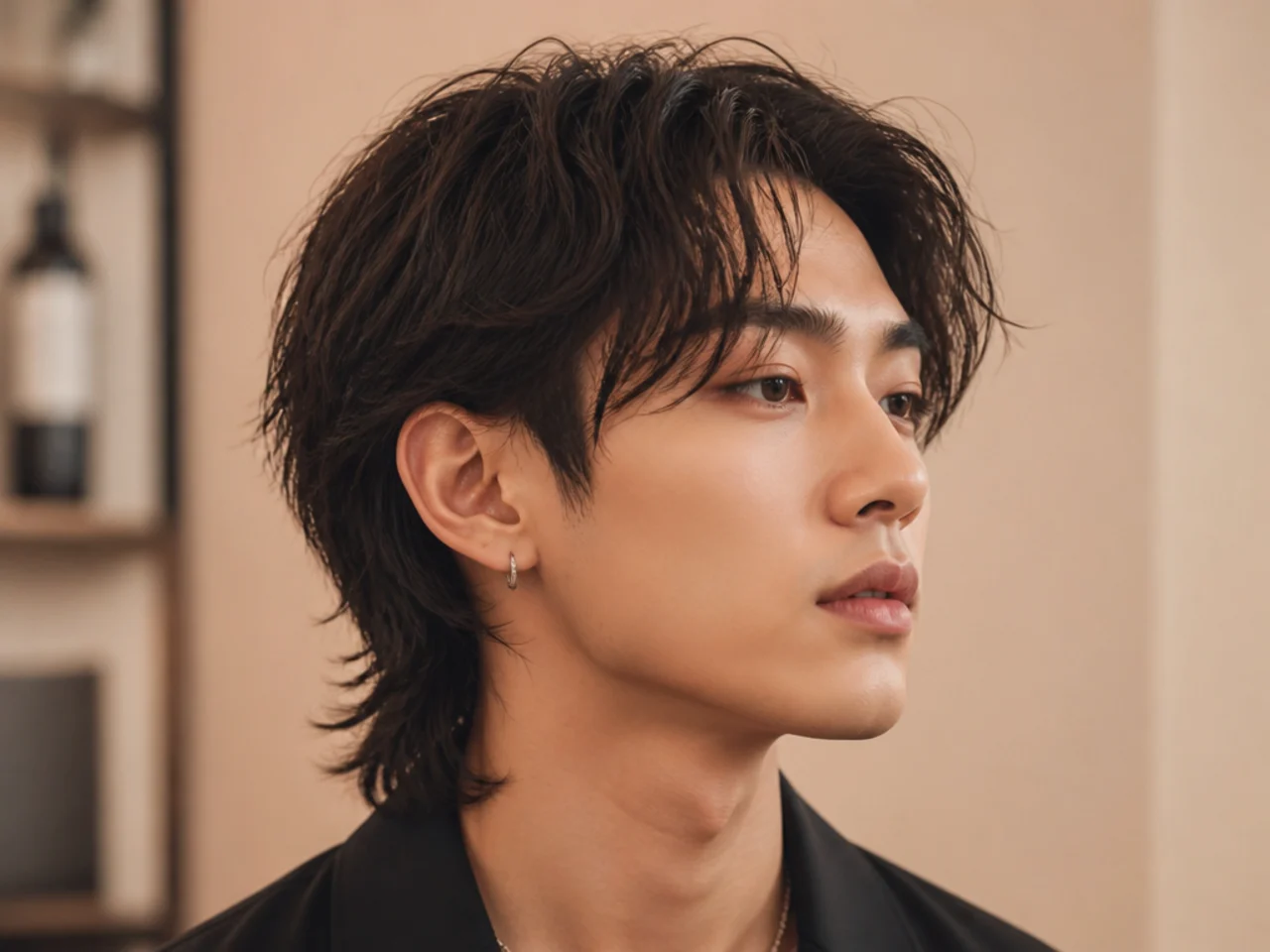 Side-profile view of a Jay Jo soft mullet on a young Korean man showing curtain fringe, C-curl top layers, and a collar-length back
