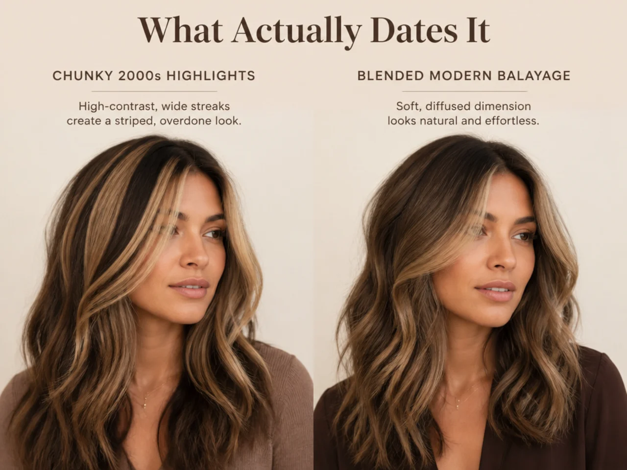 Chunky 2000s highlights beside blended modern balayage