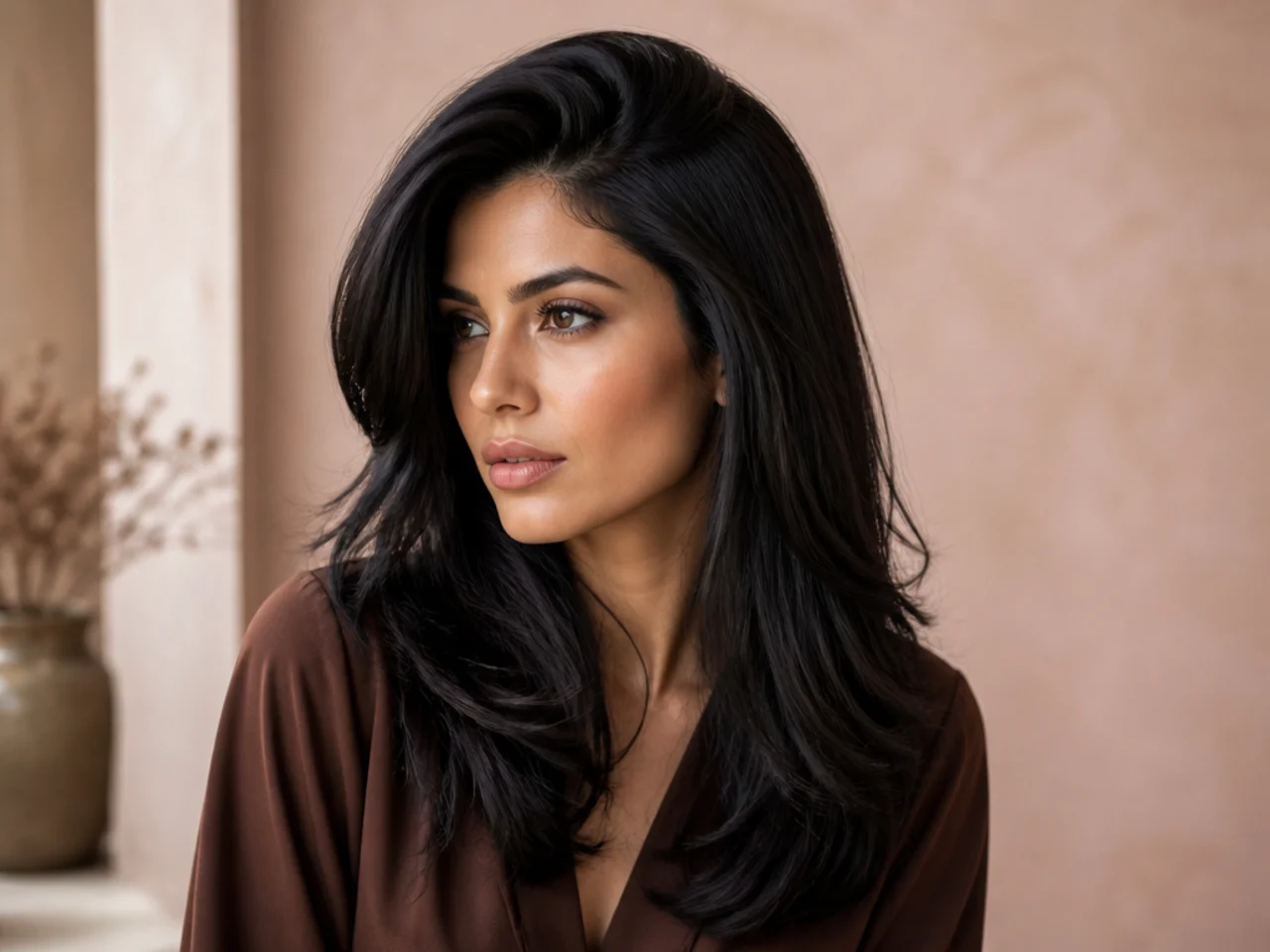 Black hair with a deep side parting