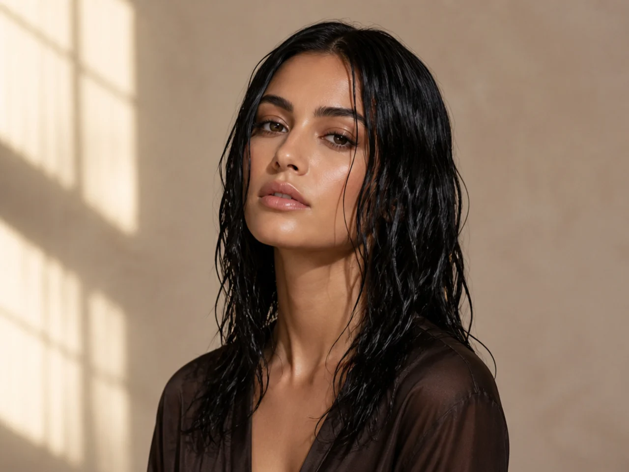 Wet-look black hair