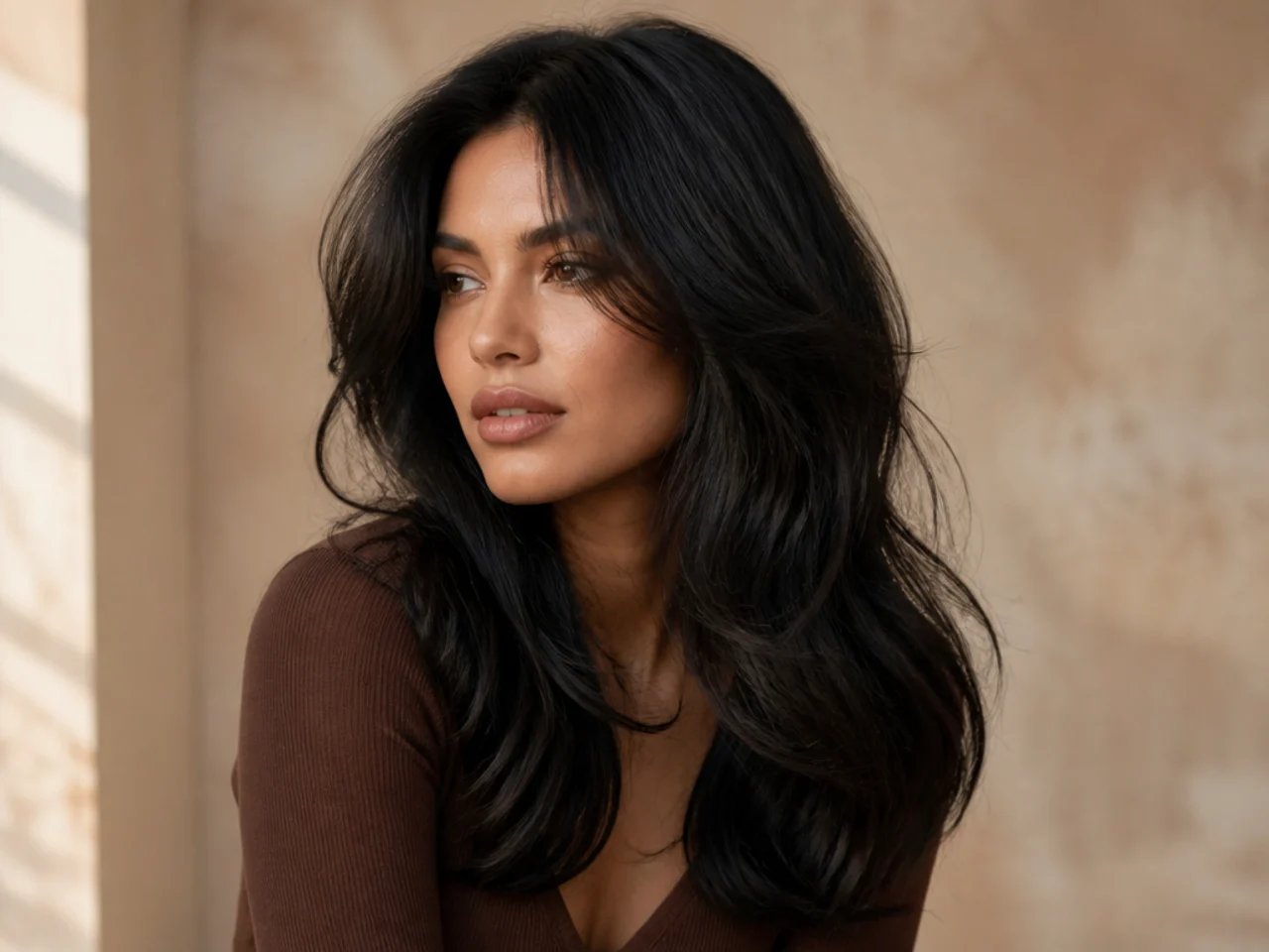 Black hair with a root smudge