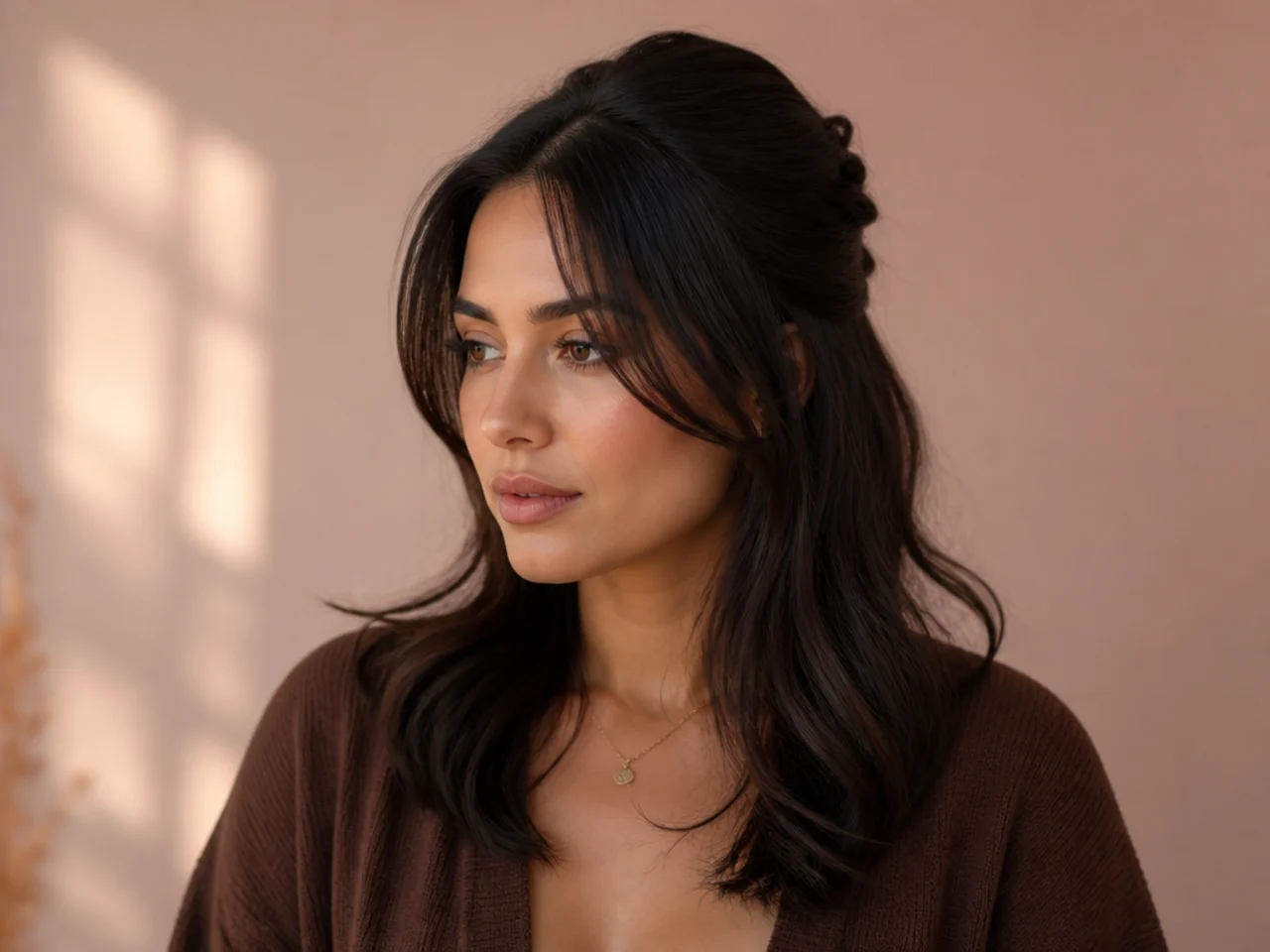 Black hair worn half up