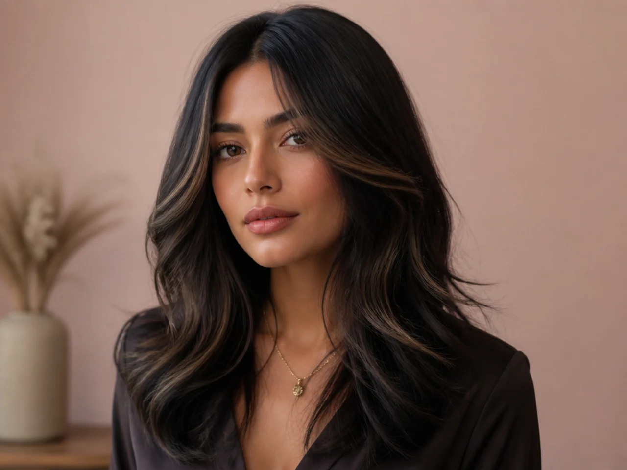 Black hair with lifted face-framing pieces