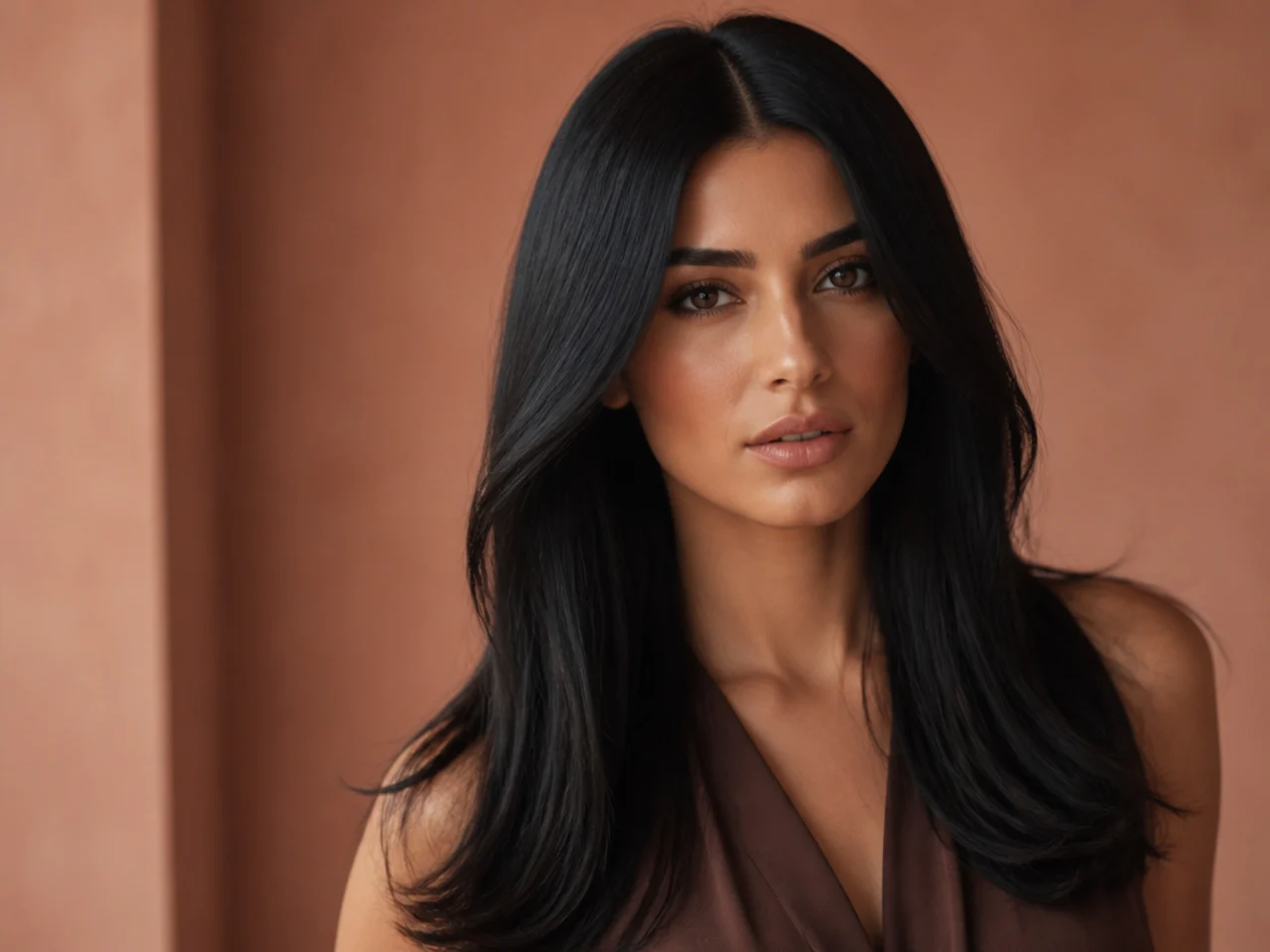 Sleek black hair with a middle part