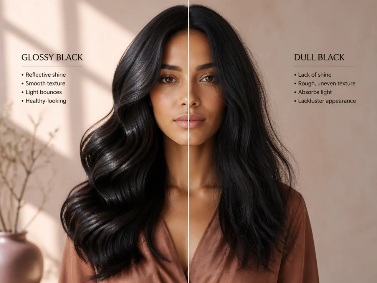 Glossy black hair beside dull black