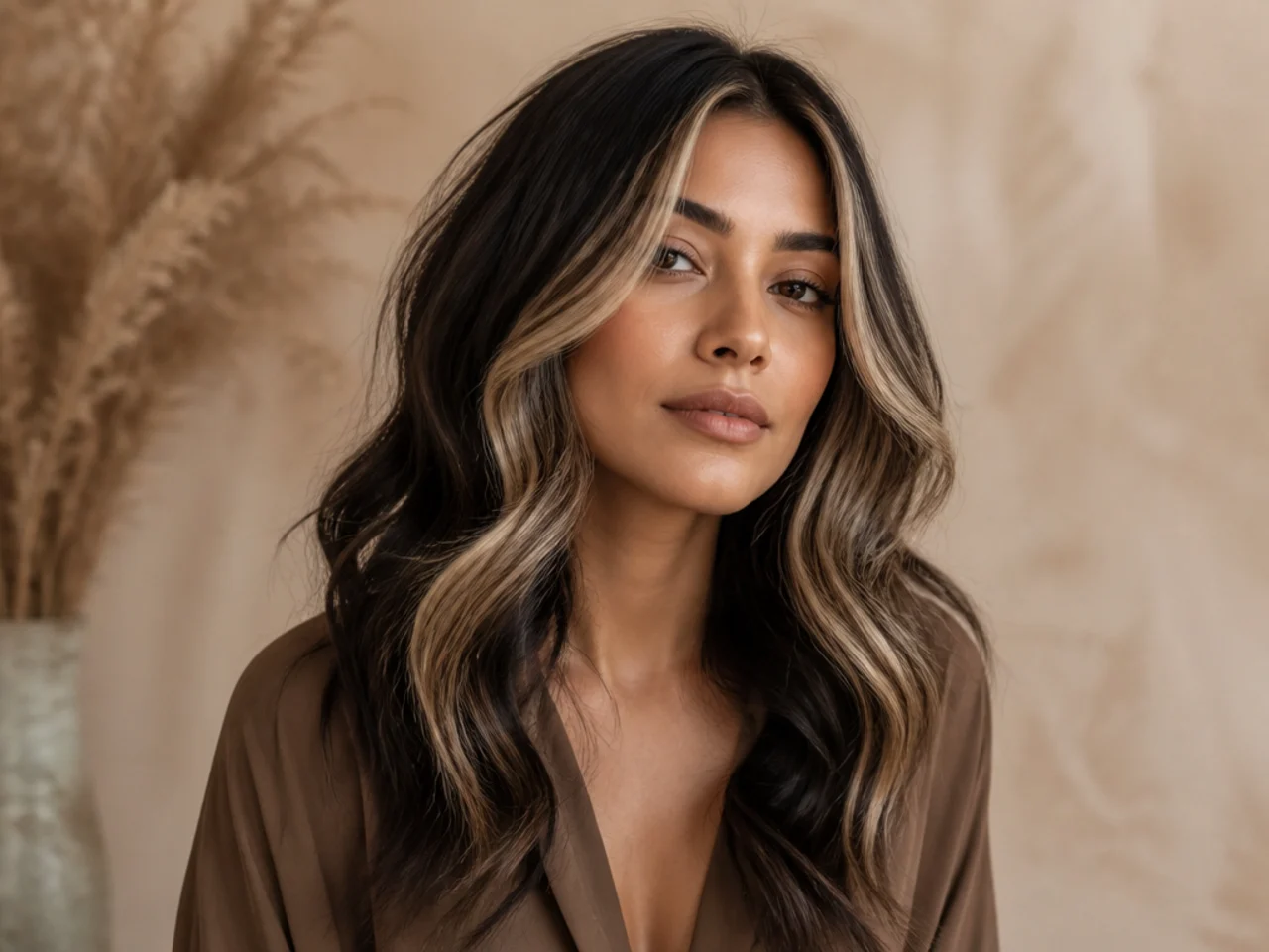 A blonde money piece on dark hair