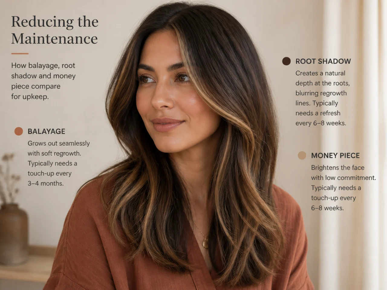 Balayage, root shadow and money piece compared for upkeep