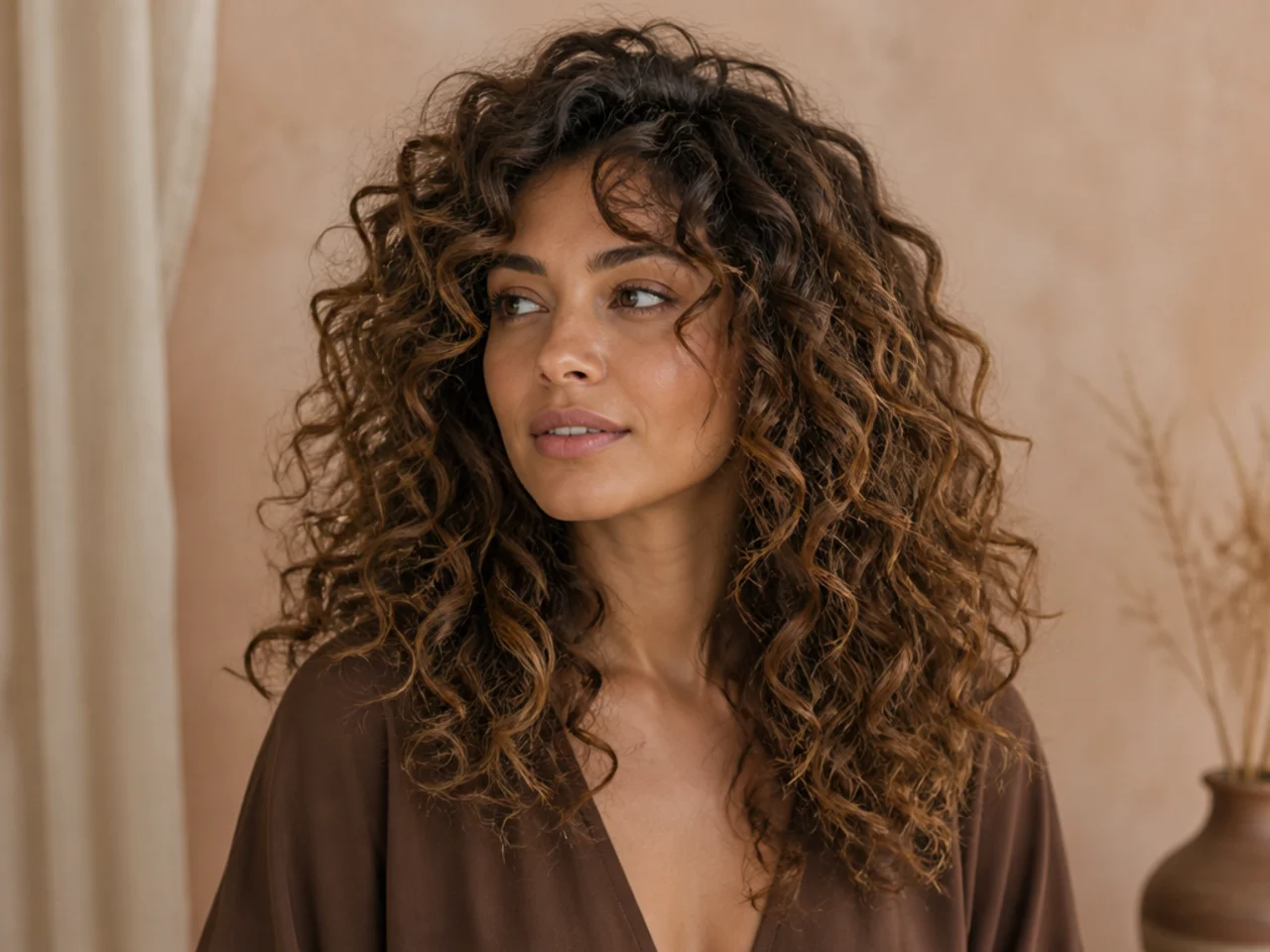 Warm brown on curly hair