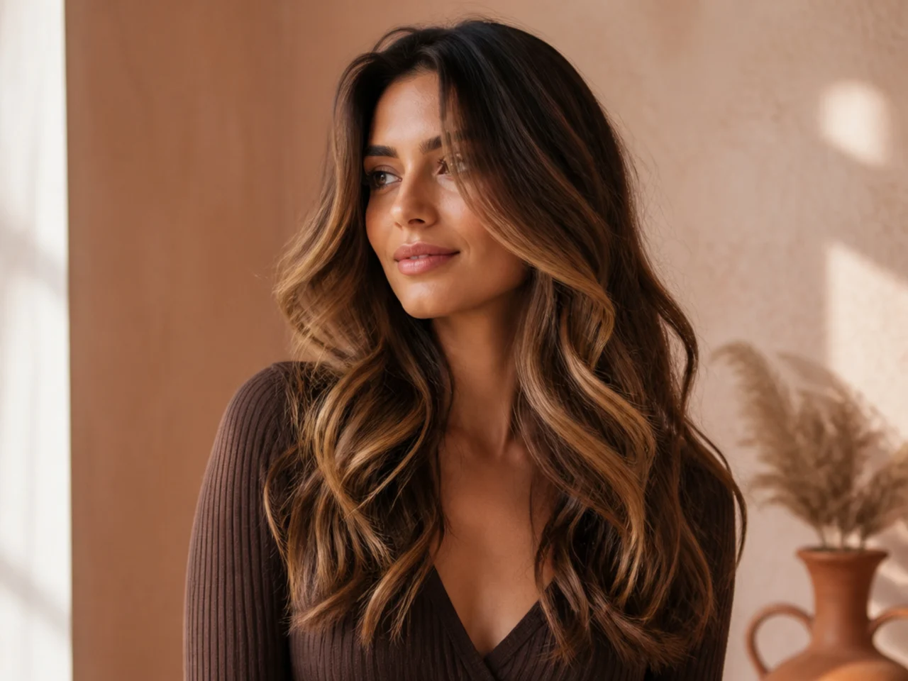 Caramel balayage over chocolate brown