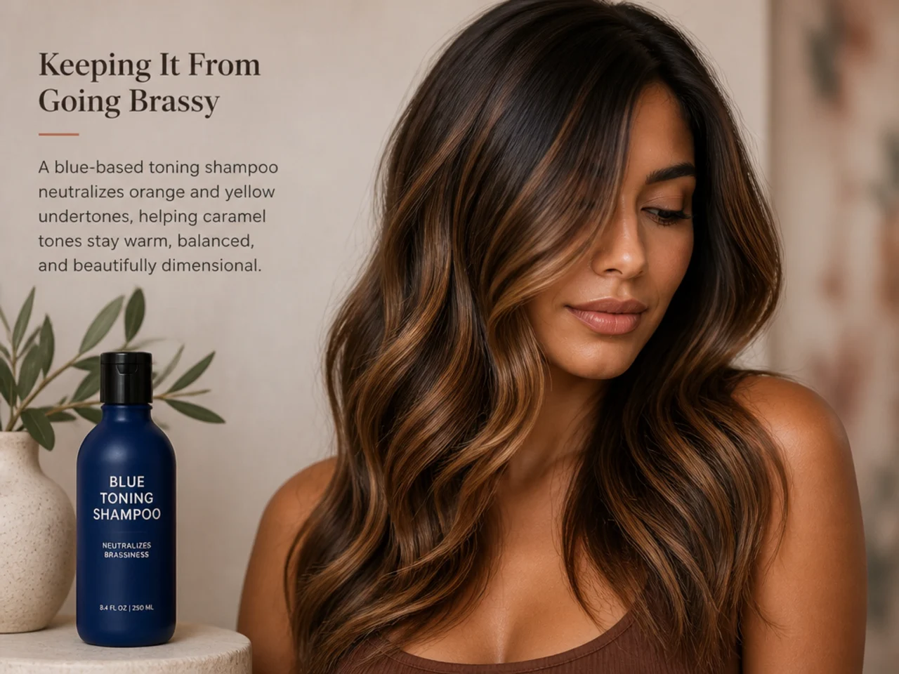 A blue-based toning shampoo used on caramel hair