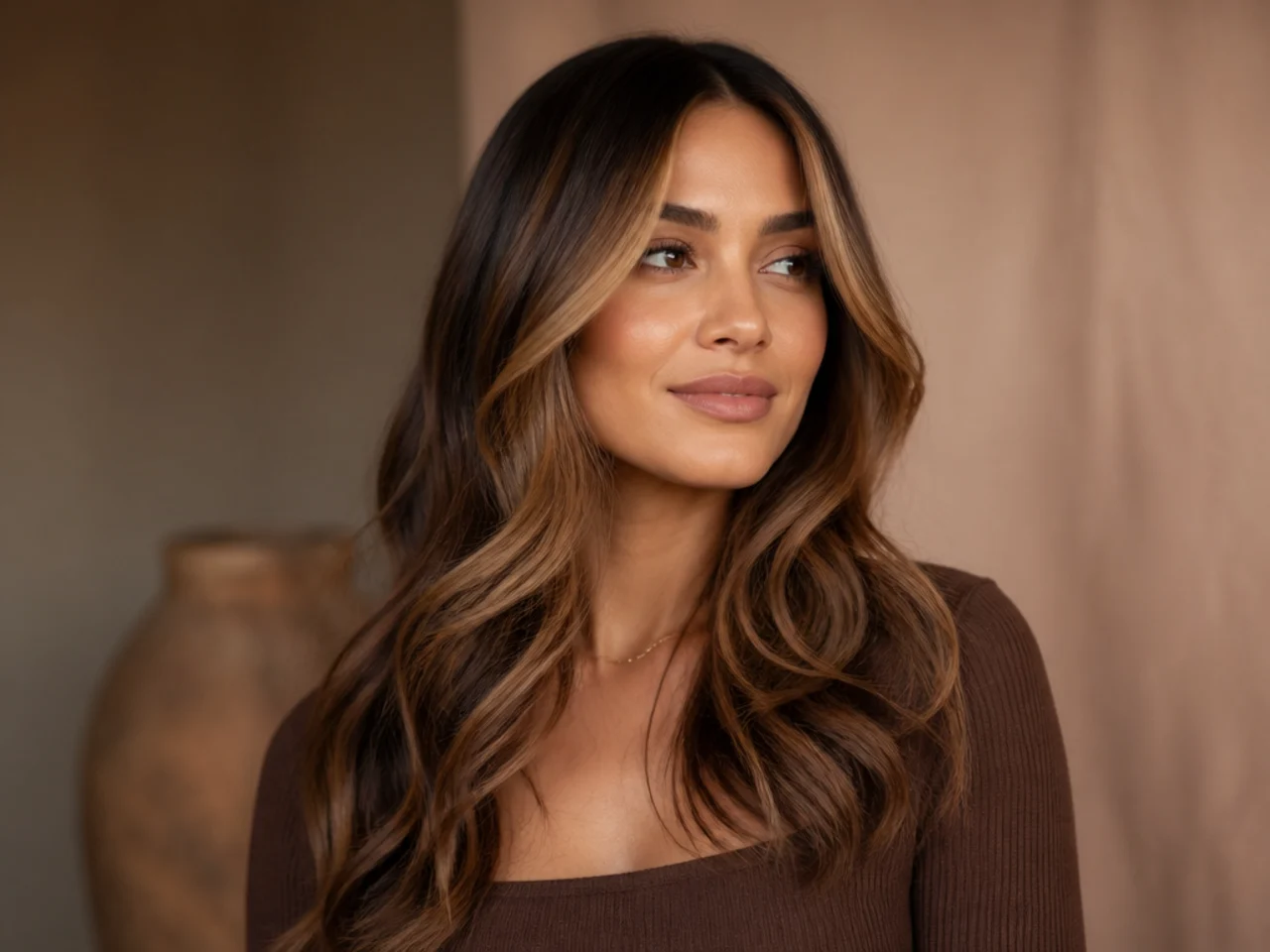 Face-framing caramel placement beside evenly spread highlights