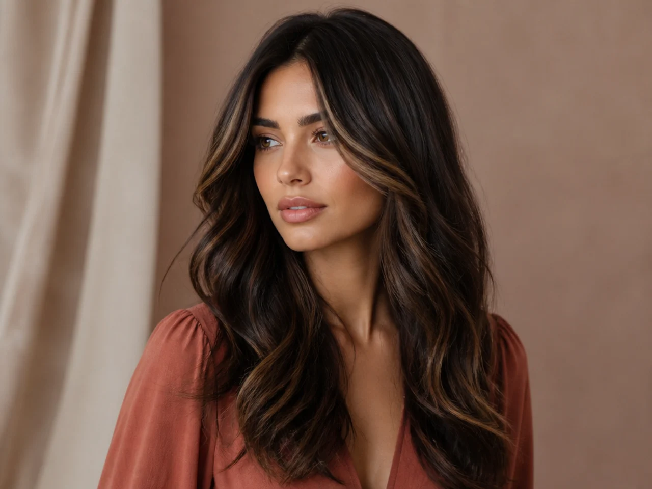 Dark hair with fine caramel ribbons