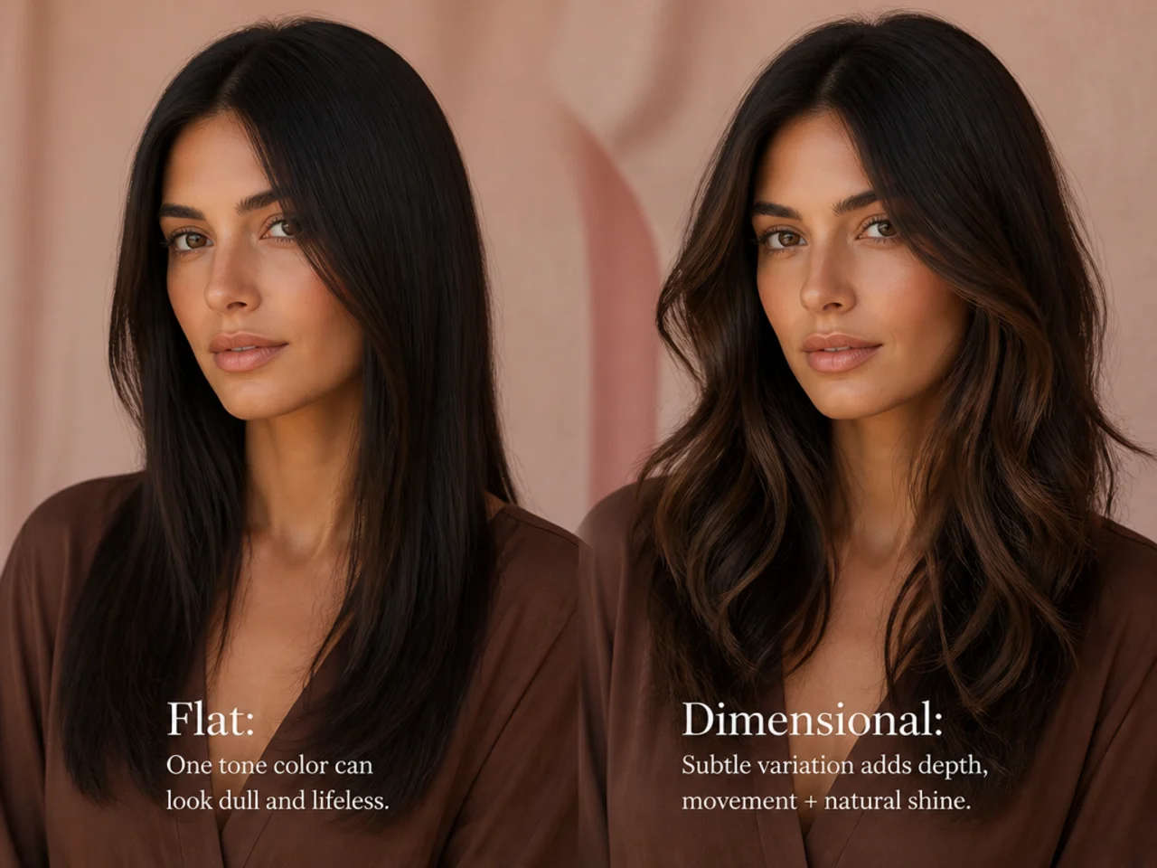 Flat one-tone dark hair beside dark hair with subtle dimension