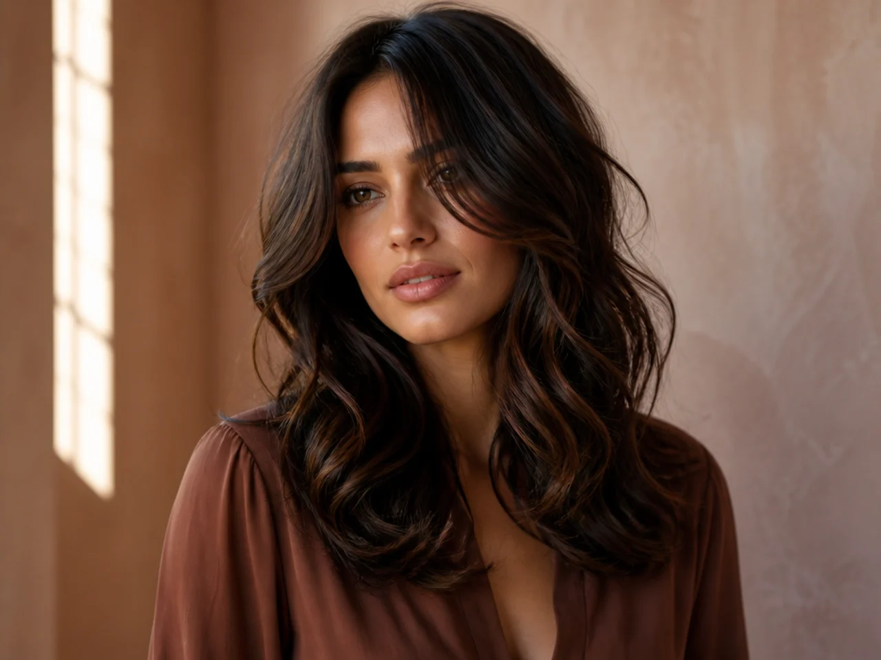 Layered and waved dark hair catching light