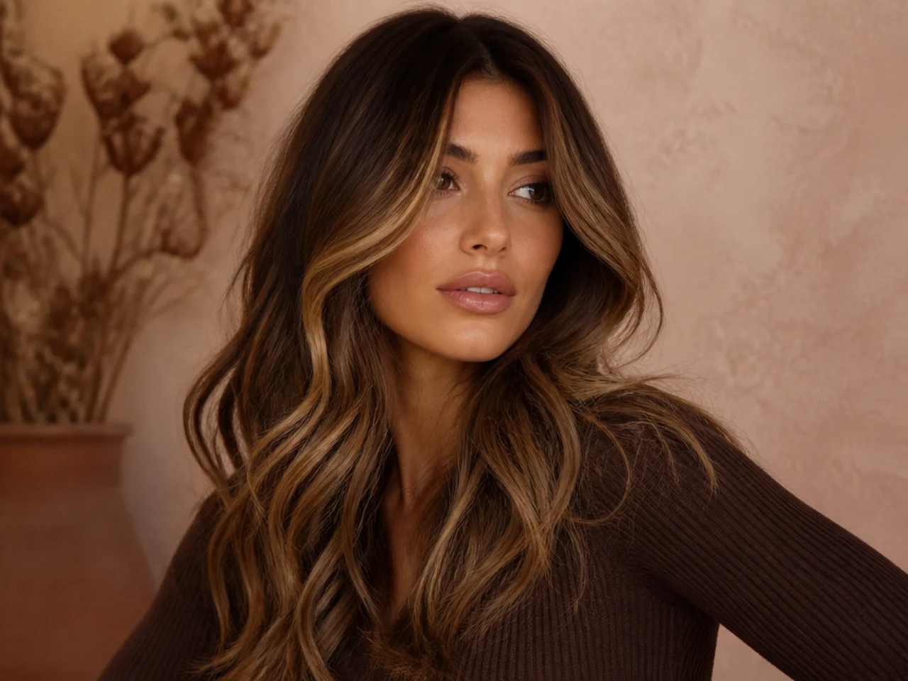 Caramel balayage over brown