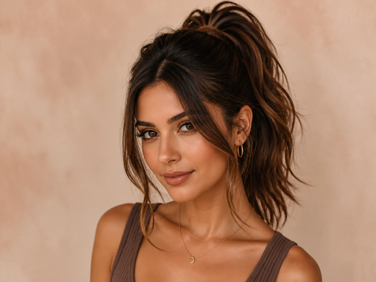 A high ponytail with face-framing pieces left out