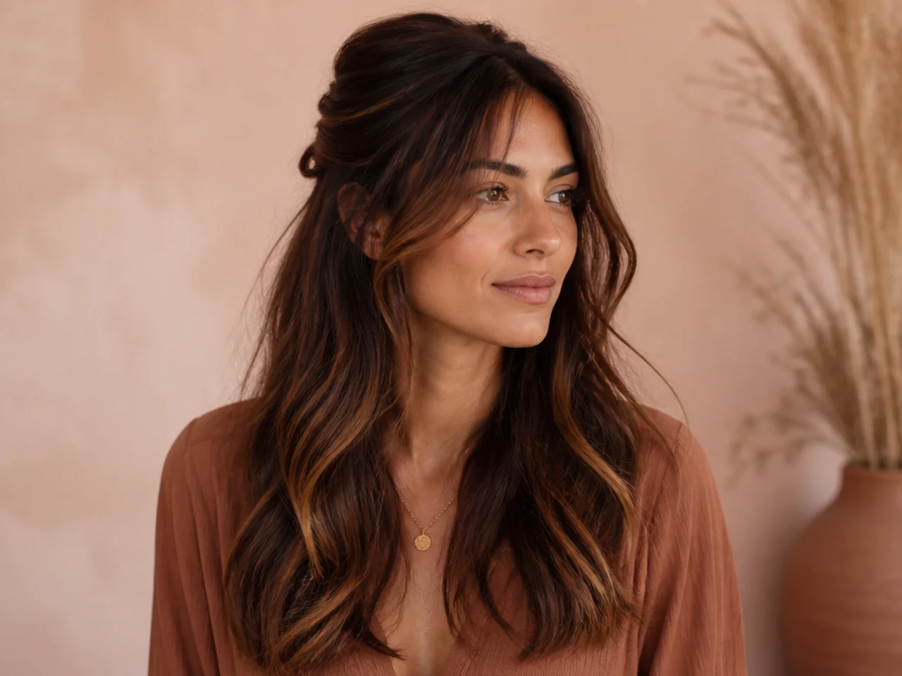 A half-up style with loose layered length