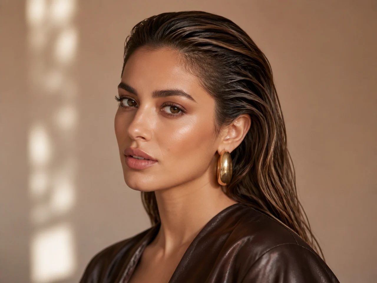 A wet-look slicked-back style